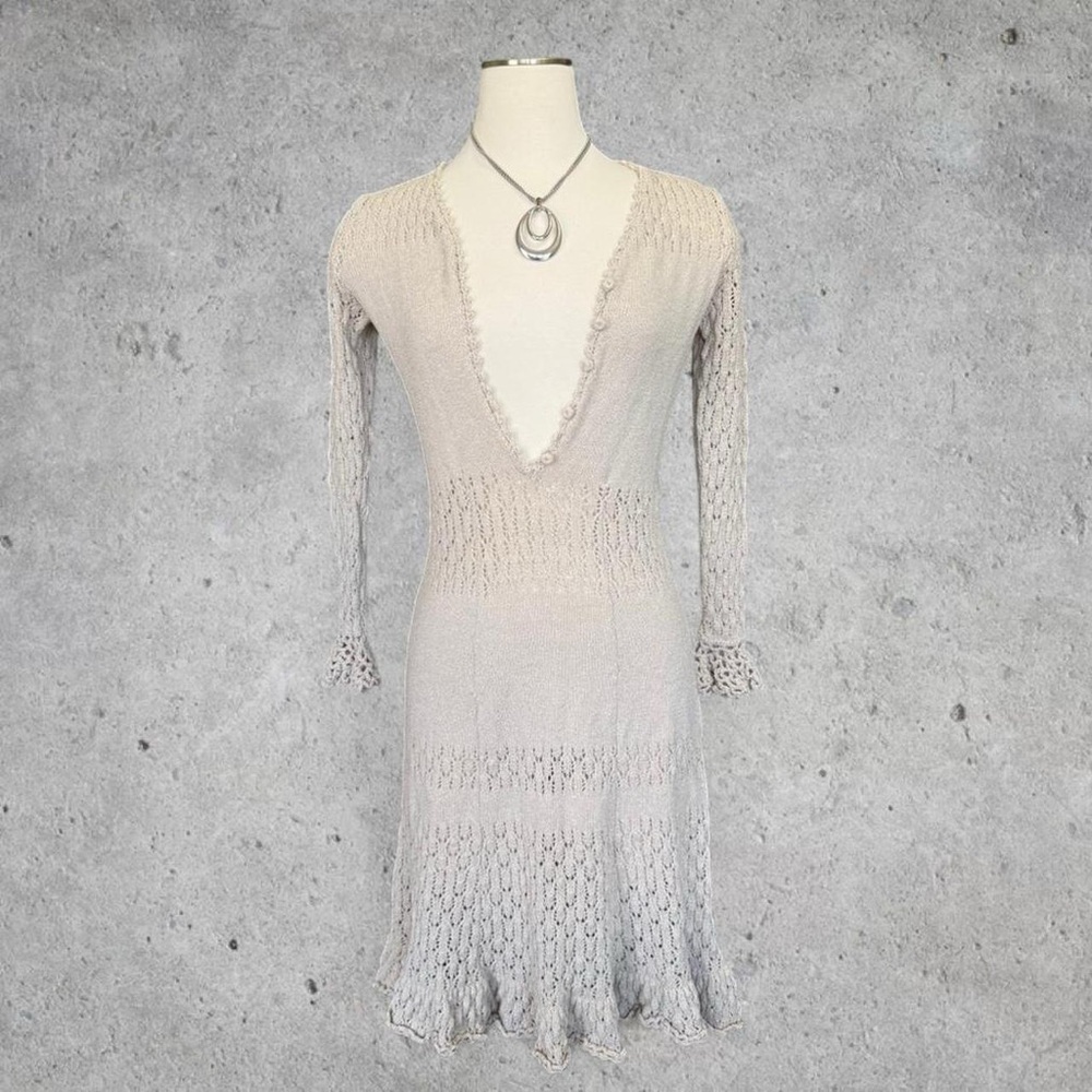 Gorg Vintage 70s Miss JoAnn Cream Crochet Long Sleeve Knit Midi Dress- size 8 /S